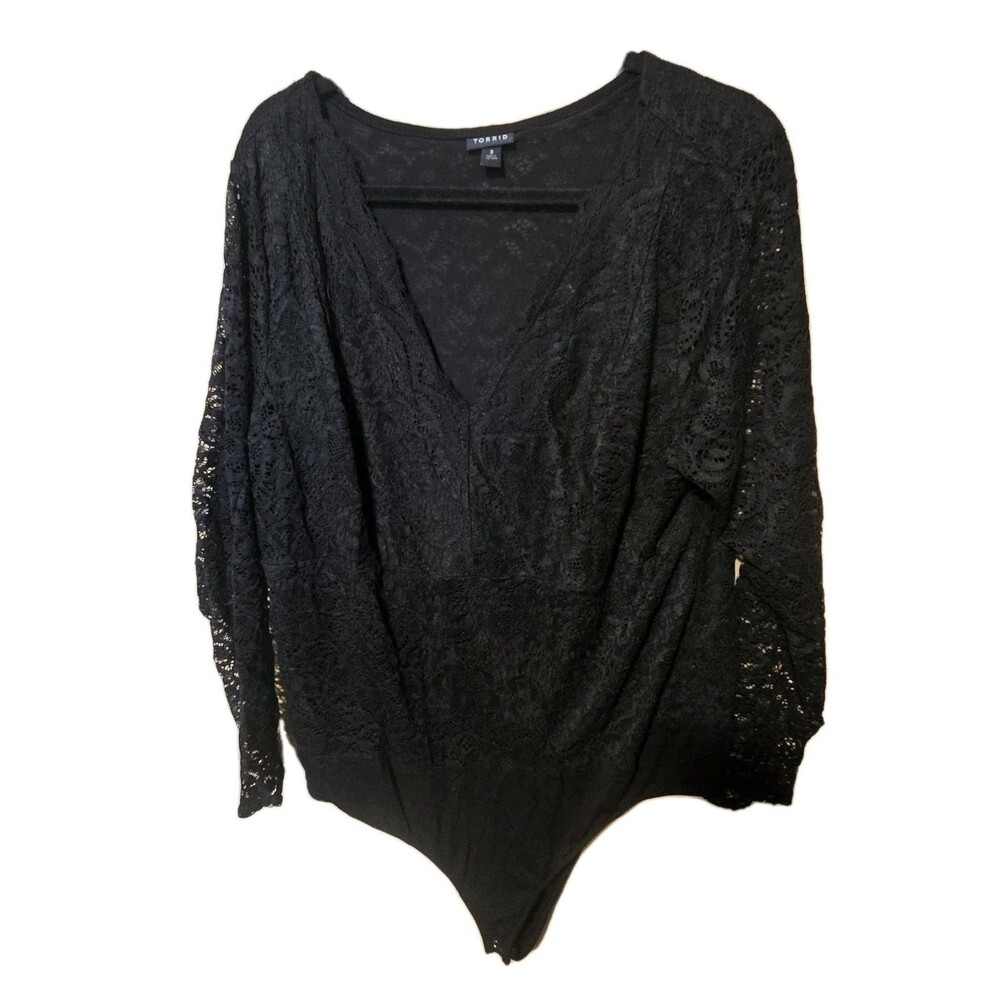 Torrid Womens Stretchy bodysuit black lace long sleeve Sexy Teddy Plus Size 3